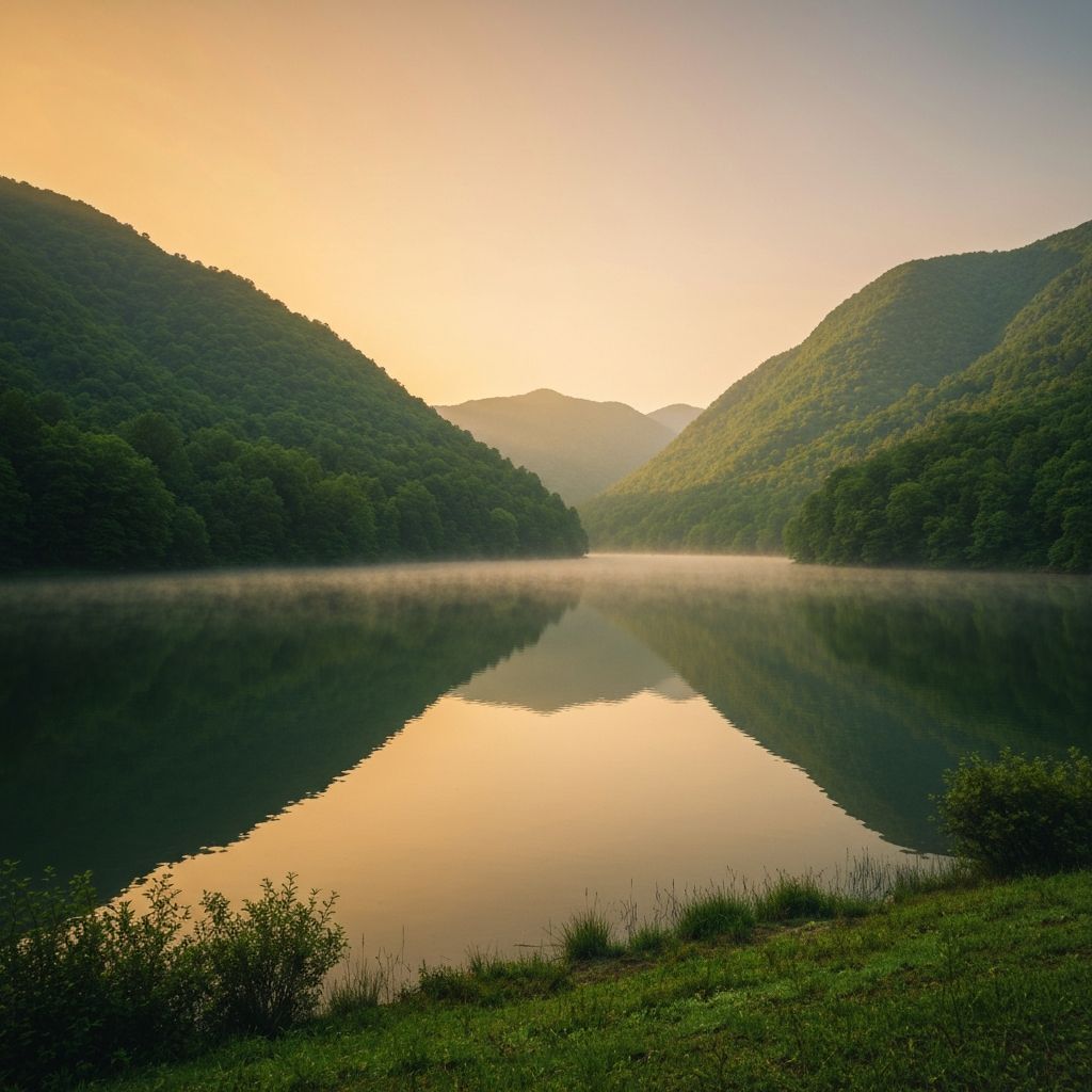 Danau tenang di pegunungan di waktu fajar